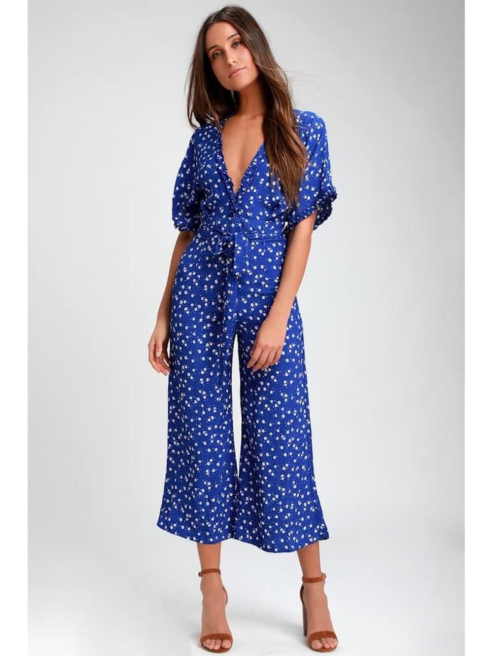 Faithfull The Brand La Villa Jumpsuit Cobalt Betina Floral Blue Size S Rayon